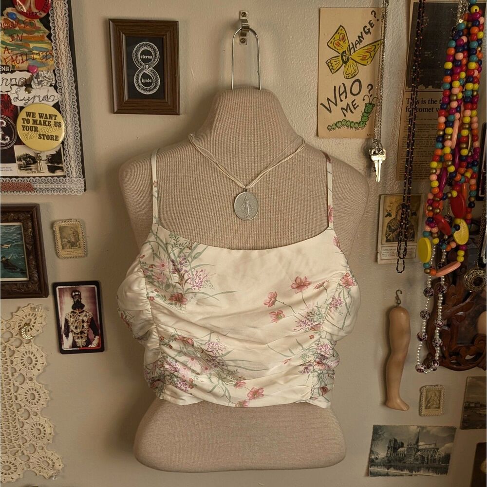 Ruched Floral Cropped Cami Tank Top Women's Small Cream